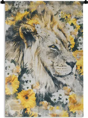Produktbild von MuchoWow® Wandteppich Wandbehang Löwe - Zeitung - Blumen 120x180 cm Tapisserie Dekoration Wandtuch - Schlafzimmer - Dekorationen für das Haus
