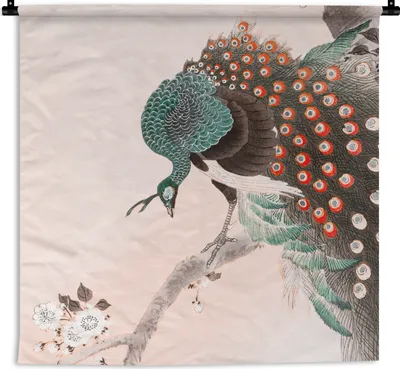 Produktbild von MuchoWow® Wandteppich Wandbehang Pfauenfedern - Vintage - Pfau - Blumen - Japanisch 60x60 cm Tapisserie Dekoration Wandtuch - Dekorationen - Wand Decke