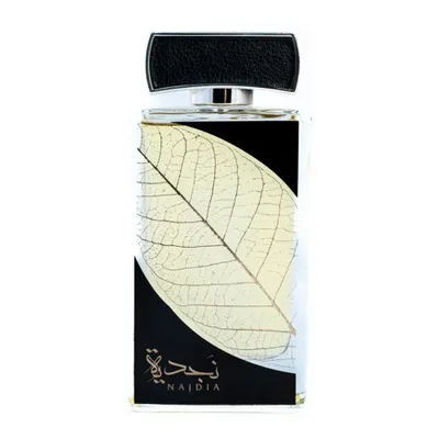 A perfume bottle with a black cap and a label featuring a skeletonized leaf and Arabic script.