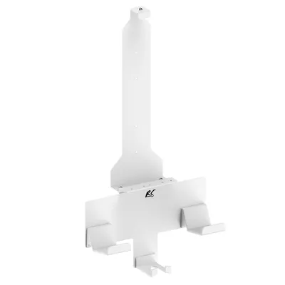 A white wall mount for a Playstation 5 console and controllers.
