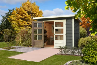 Produktbild von Karibu Gartenhaus Gerätehaus Stockach 4 terragrau 246x246x197 cm
