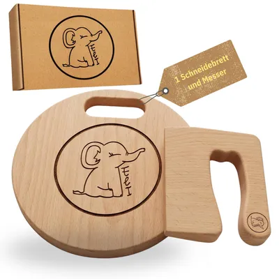 Produktbild von Eli® Kindermesser - kindersicheres hochwertiges 2 teiliges Kinder Küchenmesser Set inkl. Schneidemesser für Obst und Gemüse - Schneidebrett aus Holz