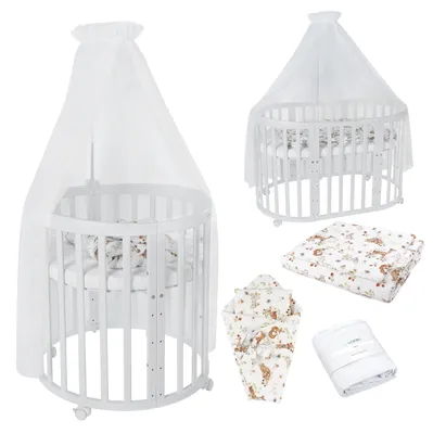 Produktbild von Waldin Babybett OWAL Kinderbett 7in1 mit Matratze, mitwachsendes Kinder-Bett,Stoffe Weiß Tiere,Holz weiß