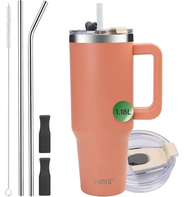 Immagine prodotto di Tazza termica da viaggio da 1180 ml/40 once, con manico, cannuccia e coperchio, in acciaio inossidabile, color pesca