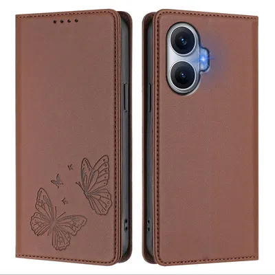 Produktbild von Lederhülle für Xiaomi Poco F7/Redmi Turbo 4 Pro, Schmetterling Prägung Leder Brieftasche Schutzhülle mit Ständer Braun