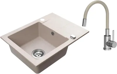 Produktbild von VBChome Granitspüle 59 x 44 cm Beige mit flexibler Armatur Einzelbecken Einbauspüle Reversibel Gesprenkelt Pflegeleichtes Spülbecken mit Siphon