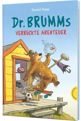 A book cover illustration of a bear on a skateboard with various objects flying around.