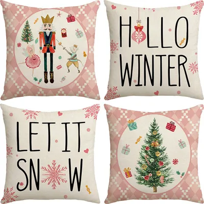 Produktbild von 4 Stück weihnachtliche Deko-Kissenbezüge, 45 x 45cm, Packung mit Dekokissenbezügen für Zuhause, Rosa, 45cm, 45cm