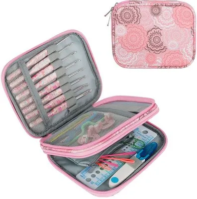 Productafbeelding van Ibenzoa® Haaknaaldenetui met bloemenprint, roze, Oxford-stof, dubbele ritsen, 17,5 x 14 x 4 cm – Opbergdoos voor haaknaalden en accessoires