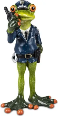 Eine niedliche Froschfigur ist als Polizist verkleidet und hält ein Funkgerät. Sie ist humorvoll.