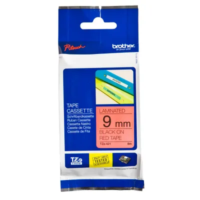 Produktbild von Brother TZe-421 - Standard-Klebstoff - schwarz auf rot - Rolle (0,9 cm x 8 m) 1 Kassette(n) laminiertes Band - für Brother PT-D210, D600, H110, P-Touch PT-1005, 1880, E800, H110, P-Touch Cube Plus PT-P710