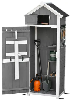 Produktbild von Geräteschuppen wetterfest, Gartenschrank Tannenholz mit Klapptisch, Gerätehaus abschließbar, Dunkelgrau  |  Satteldach  |  29 kg  |  78 x 52,5 x 182 cm