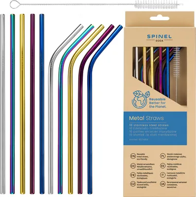 Produktbild von Spinel Metall Strohhalme Set 10 Stück Bunt 21cm inkl Reinigungsbürste