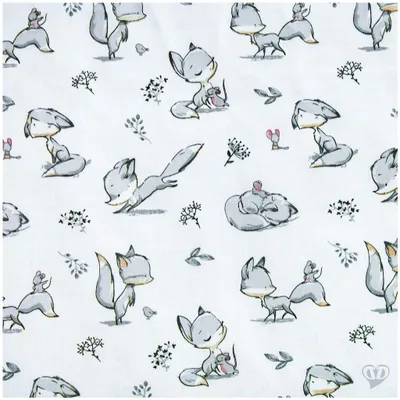 Oeko-Tex Baumwollstoff Foxi als Meterware mit vollflächigem Waldfreunde Muster aus Füchsen und Pflanzen.