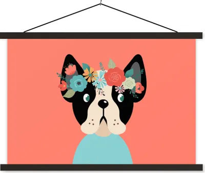 Produktbild von MuchoWow® Textilposter Hund - Blumen - Krone 90x60 cm mit schwarzem Rahmen - Aufhängungssatz