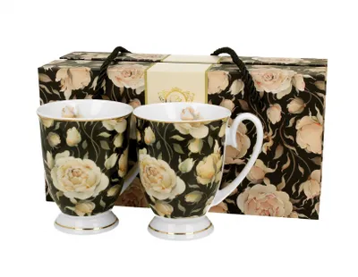 Obrázek produktu pro Duo hrnek na kávu set 2 Royal English Roses Black z porcelánu, hrnek, šálek na čaj, šálek na kávu s uchem 320 ml