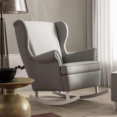 Produktbild von Schaukelstuhl ROSS gepolstert hohe Rückenlehne Accent Glider Rocker für Wohnzimmer mit Armlehne, Weiße Holzbeine - Stoff Trinity 02