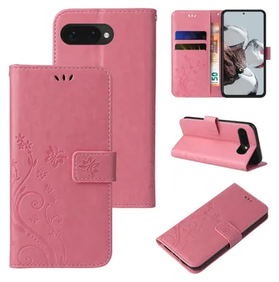 A collage of images showing a pink floral butterfly embossed flip phone case for a Google Pixel 9a.