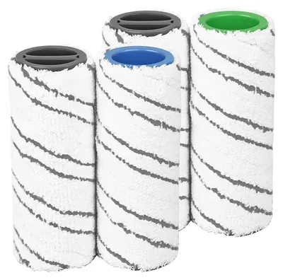 Four replacement roller brushes for a floor cleaner, each with a different colored cap.