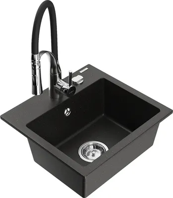 Produktbild von Mexen Milo 1-Becken-Granit-Spüle mit Mischbatterie Aster, Schwarz/Gold metallisch - 6505-75-73450-07