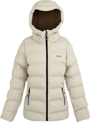 A studio shot of a cream-colored puffer jacket with a hood.