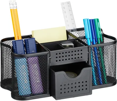 Immagine prodotto di Organizer da scrivania Relaxdays, organizer da ufficio con portapenne e cassetto, metallo, dimensioni: 10 x 23,5 x 11,5 cm, nero