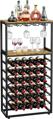 Produktbild von Iropro Weinregal für 30 Flaschen, Freistehender Flaschenregal mit Glashalter und Tischplatte, Metall Ausstellungsregale Vintage für Küche Bar Keller Esszimmer 59 x 30 x 141 cm