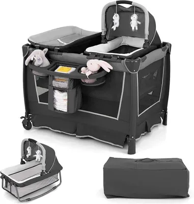 Imagen del producto de Cuna para bebé 5 en 1, cuna de viaje para bebé con colchón, dosel ajustable, cambiador y parque infantil. Cuna auxiliar compacta con bolsa de transporte para bebés de 0 a 36 meses (gris)