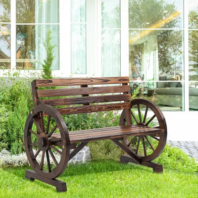 Produktbild von Holzbank Landhausstil, Gartenbank 2-Sitzer Wagenrad-Design, Sitzbank Tannenholz massiv wetterfest, Braun | rustikal | bis 240 kg | 105,5 x 56 x 79 cm