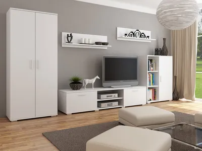 Immagine prodotto di Parete attrezzata California Per La Vita Bianco Moderno Armadio a muro, mobile da soggiorno con tavolo TV, credenza e mensola a muro, soggiorno