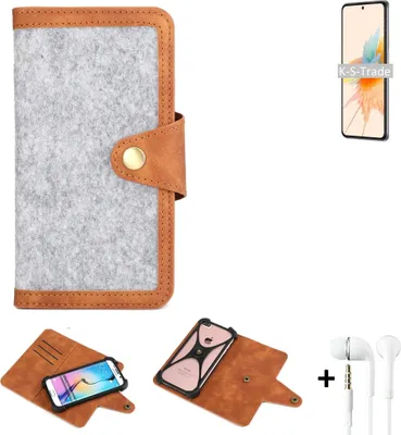 Produktbild von K-S-Trade Handyhülle + Kopfhörer kompatibel mit ZTE S30 Schutzhülle Filz Hülle Kunstleder hellgrau braun (1x)