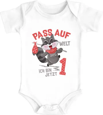 Produktbild von Babybody 1. Geburtstag Pass auf Welt ich bin jetzt 1 Waschbär kurzarm Body Baumwolle Moonworks® weiß 12-18 Monate