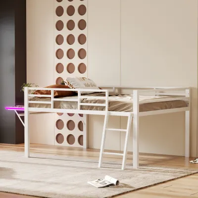 Produktbild von AIORBER Hochbett, 200x140cm, Eisenrahmen mit Geländer & Leiter, klappbarer Schreibtisch, LED-Ambientebeleuchtung mit Fernbedienung, Jugendbett, Weiß