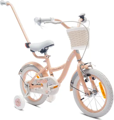 Obrázek produktu pro Kolo pro dívku 14 palců 3-5 let kolo s tréninkovými koly tlačné zařízení zvonek košík Flower Bike meruňka