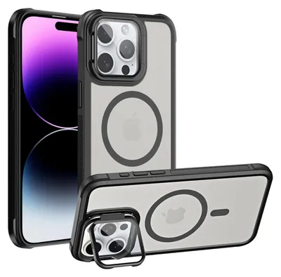 A clear product shot of an iPhone case with a magnetic ring and a kickstand.