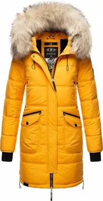 Obrázok produktu pre Marikoo Chaskaa dámska zimná prešívaná bunda s kapucňou zimný kabát parka s kožušinovým golierom žltá veľkosť 34 - XS