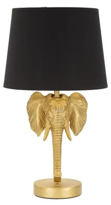 Produktbild von Kleine Elefanten-Nachttischlampe aus goldfarbenem Kunstharz mit schwarzem Stoffschirm