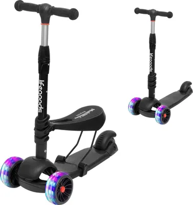 Produktbild von LifeGoods MultiRider Kinderroller - Roller 3-8 Jahre - Höhenverstellbarer Sitz - Leuchtende LED-Räder - Jungen/Mädchen - Schwarz