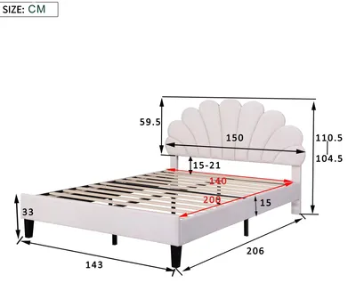 Imagen del producto de Cama individual - Cama con cabecera con forma de flor - Tapizado en terciopelo - Somier - 140 x 200 cm - Beige