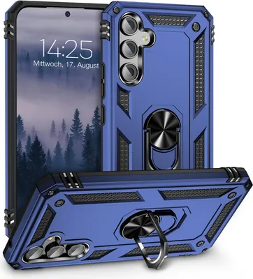 A blue rugged phone case with a built-in ring stand, shown from two angles with a phone screen displaying a forest scene and time.