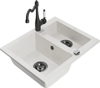 Produktbild von Mexen Carlos 1,5-Becken-Granitspüle mit Mischbatterie Carla, Weiß - 6518-20-670700-70