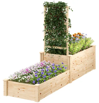 Image de Bacs à fleurs en bois double – Jardinière en bois – Bacs à fleurs avec treillis – Jardinières d'extérieur – Deux compartiments pour plantes