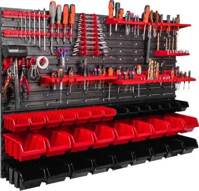 Immagine prodotto di Pannello portautensili a parete 115x78 cm con 32 pezzi. Scatole da appendere con set di supporti in plastica