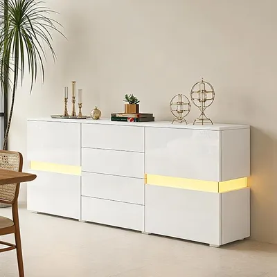 Image de Meuble de rangement haute brillance pour salon. Meuble moderne avec vitrine, éclairage LED, 2 portes et 4 tiroirs. Meuble de salon (blanc)