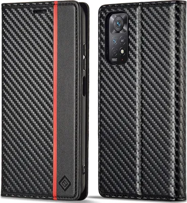 Produktbild von Hülle für Xiaomi Redmi Note 11s /Note11 4G Kohlefaser Leder Brieftasche Schutzhülle mit Standfunktion Schwarz Vertikale Rot