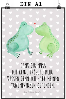Produktbild von Mr. & Mrs. Panda Bild Frosch Liebe DIN A1 - Grau Pastell - Geschenk, Paar, Designposter, Posterdruck, Küssen, wanddeko, Hochzeitstag, Plakat, Kunstdruck, Freundin