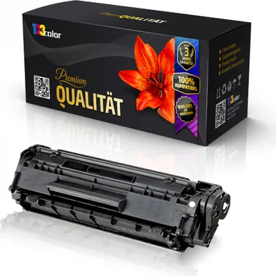 A black toner cartridge is shown in front of its packaging, which features a red lily and text.