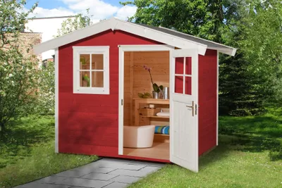 Productafbeelding van Tuinhuis Weka 123, maat 5, inclusief vloer, kleur Zweeds rood, afmetingen 380 x 324 cm