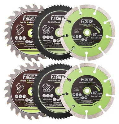 Immagine prodotto di Set di dischi per sega circolare, 6 pezzi, 115 mm, HSS/carburo di tungsteno/diamante, attacco da 3/8 di pollice, per piastrelle, legno, metallo e plastica