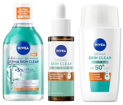 Produktbild von NIVEA DERMA SKIN CLEAR Routine Set Mizellenwasser + UV-Fluid LSF 50+ + Rebalance Serum
